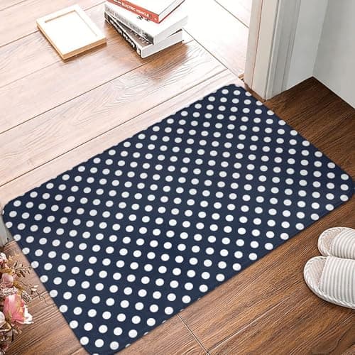 Image of GVYGVY Front Door Mat Outside Indoor Outdoor Entrance - Polka-Dots-White-On-Navy-01 Print Kitchen Rugs Mats for Floor, Bath Mat for Bathroom, Washable Thin Bathroom Rugs Fit Under Door 16 * 24 Inch