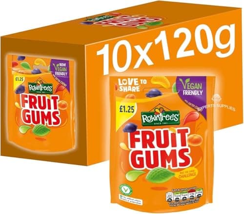 Image of Rowntree's Fruit Gums Sweets Sharing Bags, Vegan Friendly Pouch 120g Pack of 10, Multipack Bulk Candy