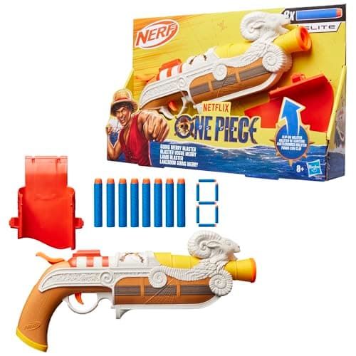 Image of Nerf Netflix One Piece Going Merry Blaster, Clip On Holster, 8 Nerf Elite Darts, Inspired by the Netflix TV Series, Toys & Gifts for Children Aged 8+