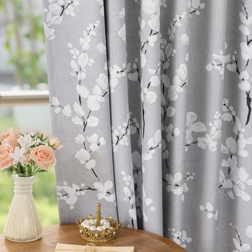 Image of Fmfunctex Grey Floral Blackout Curtains for Bedroom 54 inch Drop Eyelet Curtains for Living Room Nursary Blossom Thermal Insulated Window Curtain Panels 2 Panels White on Grey
