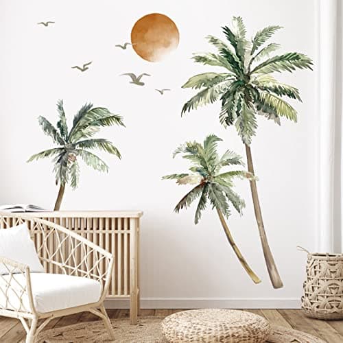 Image of wondever Boho Palm Tree Wall Stickers Large Tropical Tree Sunset Peel and Stick Wall Art Decals for Living Room Bedroom TV Background(H: 162cm)
