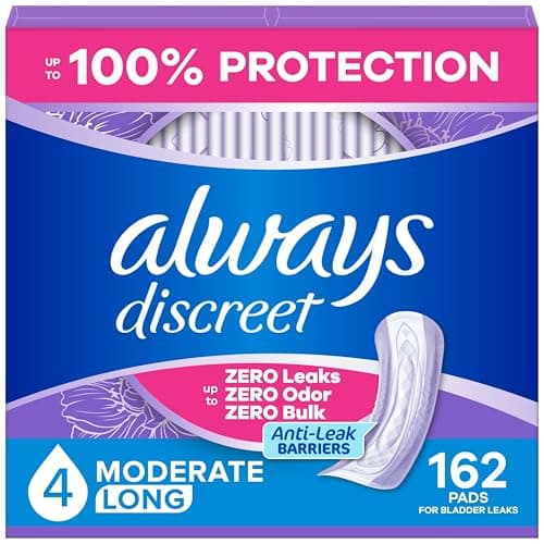 Image of Always Discreet Adult Incontinence Pads for Women, Moderate Absorbency, Long Length, Postpartum Pads, 162 CT