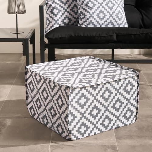 Image of OHS Geometric Garden Pouffe Outdoor Indoor Foot Stool, Garden Furniture Portable Filled Cube Chair Pouffe Footstool Outdoor Ottoman Foot Rest for Patio Balcony Home Decor, Grey