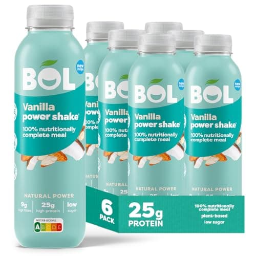 Image of BOL Vanilla Power Shake - Ready-to-Drink Nutritionally Complete Meal (289kcal) - 25g High Protein Shake - Low Sugar, Plant-based, High Fibre (9g) Low Calorie Meal Replacement (410ml x 6 Bottles)