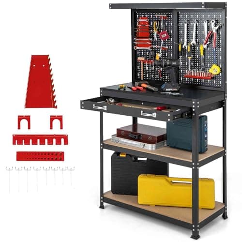 Image of TANGZON Workbench with Pegboard, Metal Work Bench with Shelves, Topping Space, Hanging Accessories, Heavy Duty Work Table Tool Storage Bench for Workshop Warehouse (Black+Red, 81x41x156cm)