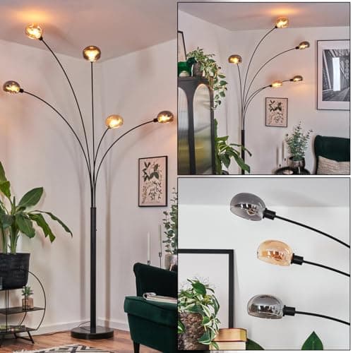 Image of HOFSTEIN Nikkala Floor lamp, Metal Floor lamp in Black/Smoke/Amber with Marble Base, Adjustable lamp in Vintage Design, Switch on housing, 250 cm, E14, Living Room, Bedroom, Office
