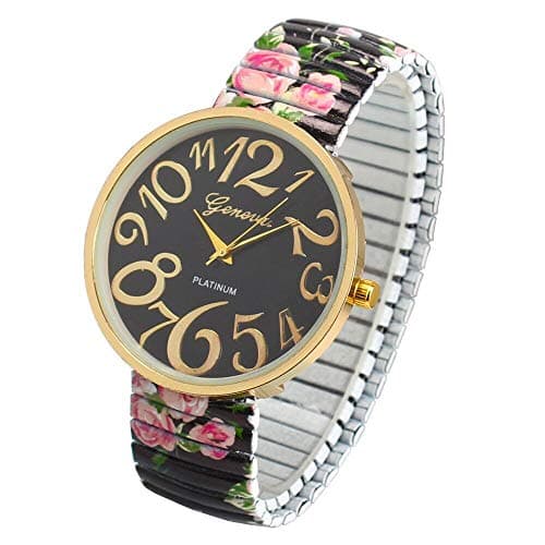 Image of Women St Patrck Day Watch Wrist Elasticity Watch FlowerShrink Women Bracelet Luxury Quartz Women's Watch Large Face Watch for Women Seniors (Black, One Size)