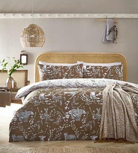Image of furn Buckthorn Duvet Cover Set – Woodland Animal Print with Reversible Design, Polycotton Bedding (Amber – Double)