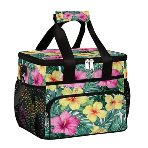 Image of VQUVQV Tropical Flowers and Palm Leaves Thermal Cool Bag Lunch Box, Waterproof Cooler Bags Food Container for Women Men Adults, Insulated Picnic Bag for Camping Travel