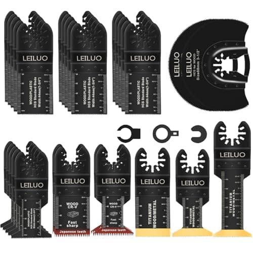 Image of LEILUO 32 Pcs Titanium Multitool Blade Kits for Wood Nails Drywall Japanese Tooth Multi Tool Blades Universal Oscillating Saw Accessories with Storage Bag Compatible with DeWalt Makita Dremel and More