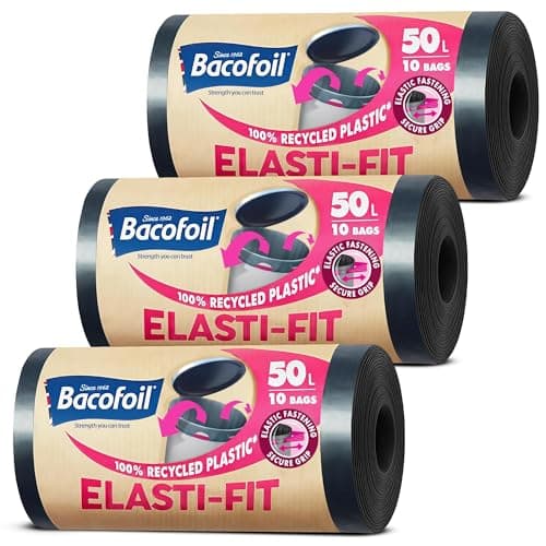 Image of Bacofoil Elasti-Fit Bin Liners - 50L Recycled bin bags, 3 Rolls (30 Bags) - Leak-Proof, Elastic Fastening for Secure Fit - Made from 100% Recycled Plastic - Eco-Friendly Waste Disposal.