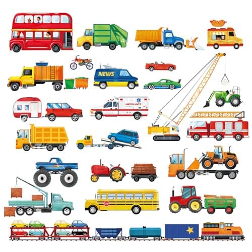 Image of decalmile Transportation Cars Wall Decals Trucks Construction Cars Vehicle Wall Stickers Boys Bedroom Kids Room Playroom Wall Decor