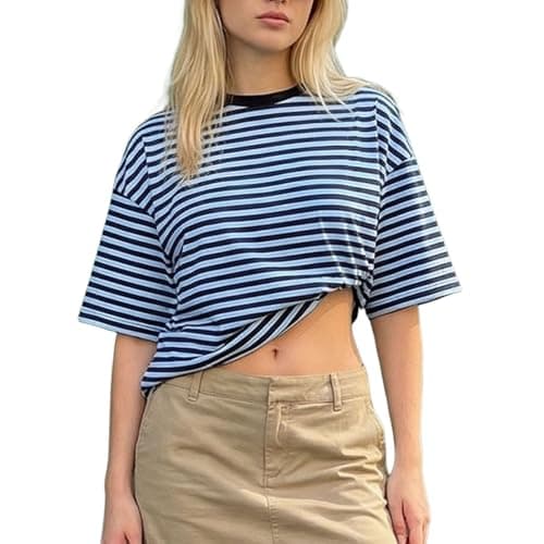 Image of Women Striped T-Shirts Y2k 3/4 Sleeve Crew Neck Loose Basic Sweatshirt Summer Fairy Grunge Tunic Tops (Blue, M)