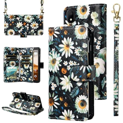 Image of Furill Wallet Case for Alcatel Apprise/Glimpse/Volta/1B (2020) with Wrist Strap Crossbody Shoulder Strap Flower Leather Zipper Purse Card Holder Stand Phone Cover 5002R 5002C 5002E 5002L Girls Black