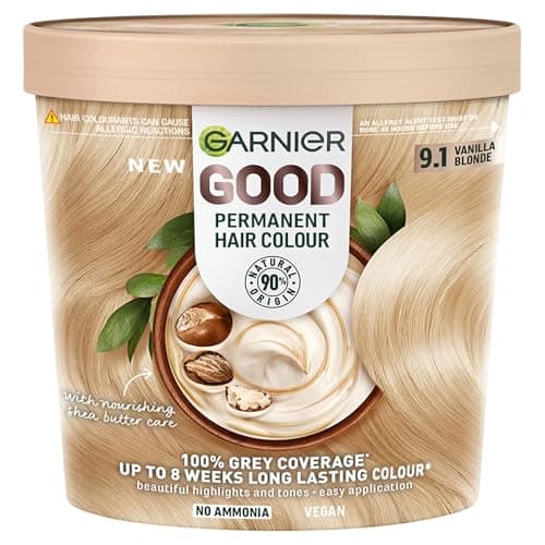 Image of Garnier GOOD Permanent Hair Dye, 9.1 Vanilla Blonde. Delivers 100% grey coverage and 8-week colour. No ammonia, vegan shea butter formula for vibrant, luminous blonde on all hair types.