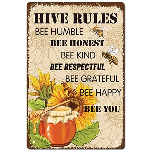 Image of CREATCABIN Metal Tin Sign Hive Rules Bee Happy Retro Vintage Funny Wall Decor Art Mural Hanging Iron Painting for Home Garden Bar Pub Kitchen Living Room Office Garage Poster Plaque 8 x 12inch