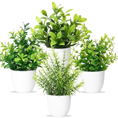 Image of Betylifoy 4 PCS Mini Artificial Potted Plants, Small Fake Plants Faux Plastic Potted Plants Artificial Plants Indoor Decorative Greenery Plants for Office Desk Bathroom (4, Green-white pot)