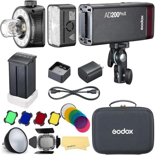 Image of Godox AD200 Pro II AD200ProII Godox Flash with BD-07 Barn Door and AD-S2 Standard Reflector/AD-S11 Color Gels Kit for Canon Sony Nikon Fujifilm Olympus Panasonic Pentax Etc Cameras,0.01-1.8s Recycling