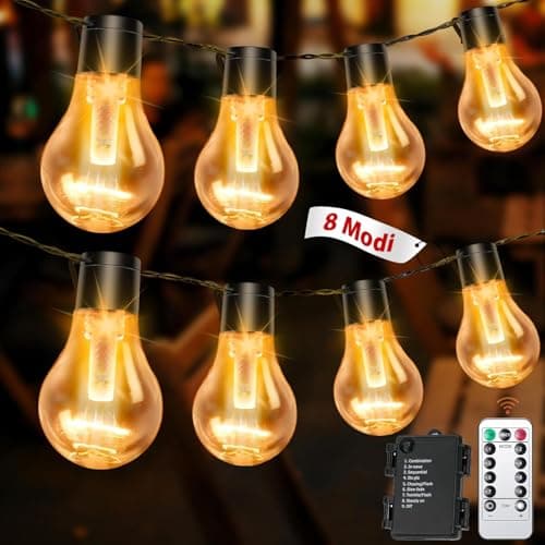 Image of aurogeek Outdoor String Lights Battery Operated: 9m/30ft LED with 12 A60 Plastic Bulb Hanging Festoon Light Remote Waterproof for Garden Decorative Cafe Patio Pergola Indoor