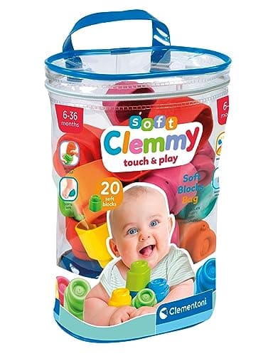 Image of Clementoni Baby Soft Blocks - Clemmy Bag 20 Pieces - Soft Building Blocks, Clemmy Blocks for Kids 6 Months, Bricks Washable, Construction Set, Development & Activity Toy, Made In Italy, 17877