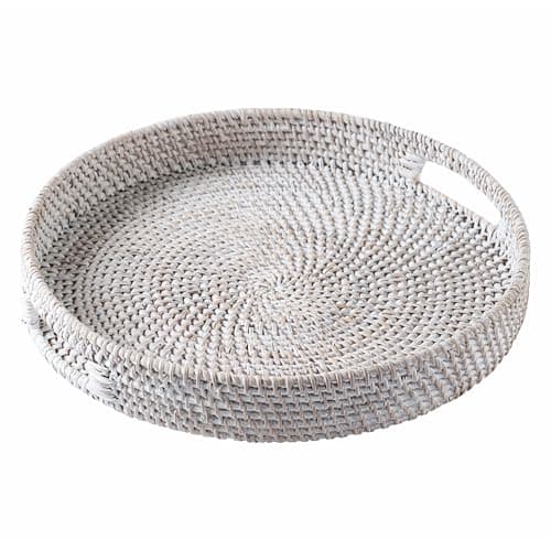 Image of Rattan Serving Tray 30cm / 11.8" • Woven Serving Trays with Handles for Home by JUNGLE CULTURE® • Round Coffee Table Tray • Wicker Serving Basket for Bread, Fruit, Candles • Whitewash