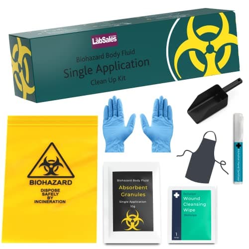 Image of Labsales Biohazard Spill Clean Up Kit Including Nitrile Gloves, Absorbant Granules and Much More, Body Fluid Emergency Kit for Vomit, Blood, Sick Urine and Mucus, Refill Pack of 1 kit