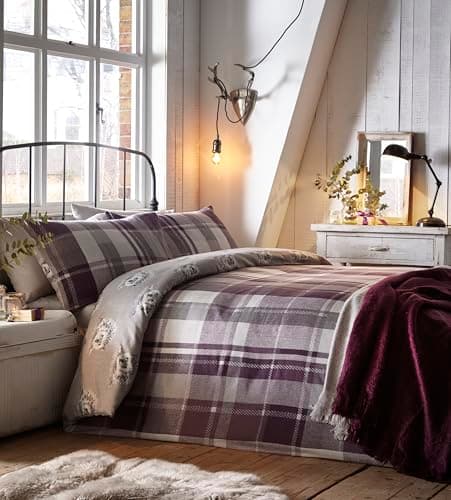 Image of Dreams & Drapes - Plum Checkered Hedgehog Duvet Cover - Double Bedding Size (200 x 200cm) - Soft 100% Brushed Cotton - Reversible Design - Purple Flannelette Woodland Bedding With Hedgehogs