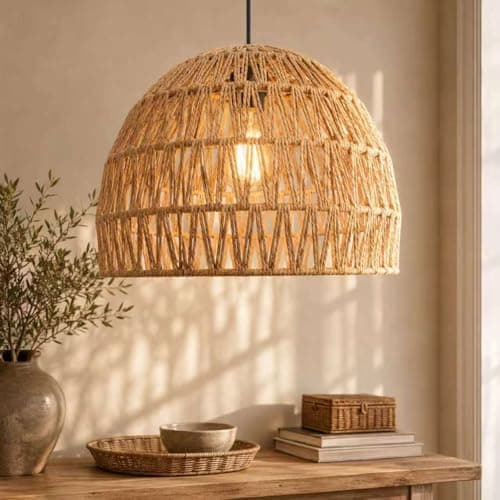 Image of VOLTICO Jute Rope Ceiling Lampshade Boho Pendant Light Shade Natural Woven Lamp Shade for Ceiling Lights Living Room Bedroom Kitchen E27 Fitting 28cm