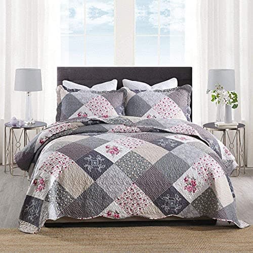 Image of Qucover Bedspread Super King Size Lightweight Soft Microfiber Reversible Patchwork Quilted Bedspread, Elegant Rose Floral and Grey Checked Pattern Quilted Throws and Pillow Shames, Grey 250x270 cm