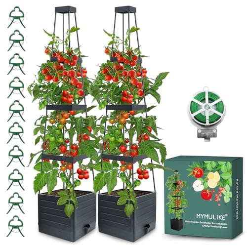 Image of MYMULIKE 2 Pack Raised Garden Bed Planter Box with Trellis, 58” Tomato Cage Planter Raised Garden Bed with Trellis for Climbing Vegetables Plants Tomato Cage w/Self-Watering, Indoor Outdoor Use