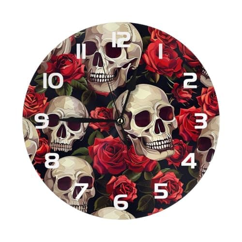Image of Mexpekil Skull Head Rose Silent Wall Clock Non Ticking 25cm Round Wall Clocks Battery Operated Modern Decorative Clock for Living Room Kitchen Bedroom Office