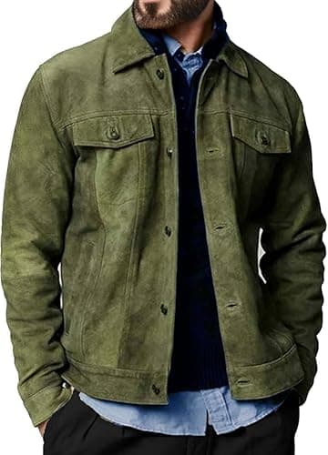 Image of SAMPRIME Men’s Suede Leather Jacket – Genuine Lambskin Trucker Jacket for Men, Vintage Western Shirt Collar Suede Jacket, Classic Casual Leather Coat (UK, Alpha, M, Regular, Regular, Olive)