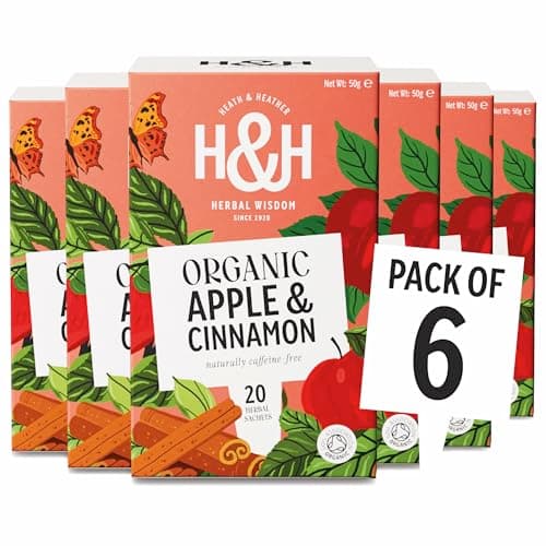Image of Heath & Heather - Organic Apple & Cinnamon Tea • Warming Fruit & Spice Infusion • Naturally Caffeine-Free • Vegan • Comforting & Aromatic • Multipack 6 x 20 Boxes (120 Tea Bags)