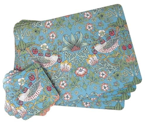 Image of LP SUPPORT Set Of 4 Strawberry Thief William Morris Design Dinner Place Mats And Coasters