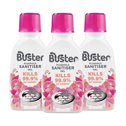 Image of Buster Plughole Sanitiser Gel (Berry - Pack of 3 x 300ml) Fast-Acting Sink and Drain Cleaner for Bad Smells and Stains, Kills 99.9% Germs on Drains & Stainless Steel Sinks, Fresh Scent - Made in UK