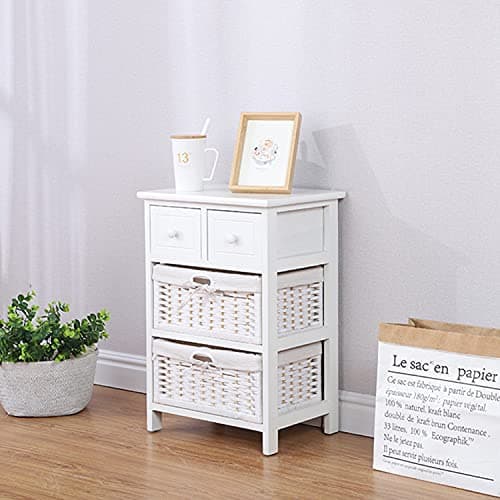 Image of Ruication Bedside Table Bathroom Cabinet with 2 Drawers Wicker Baskets 2 Small Drawers Storage Unit Chest of Drawers Fully Assembled for Living Room Bedroom Bathroom Hallway (White)