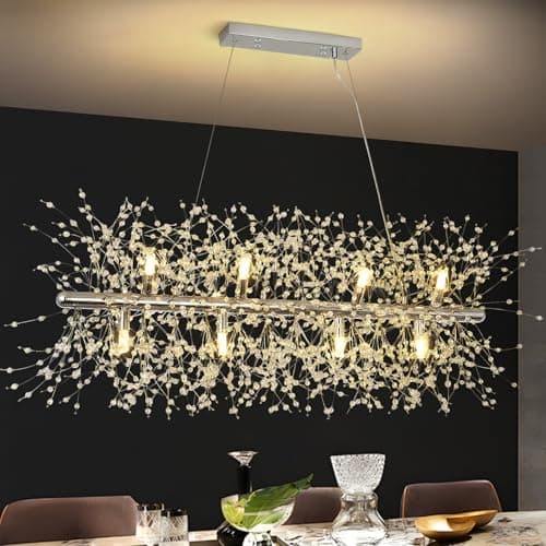 Image of KUNYEEE Modern Firework Chandeliers Dandelion Pendant Light, Rectangular Chrome Silver 12 Lights G9 Light Fixtures, Crystals Chandelier Lighting Fixture for Living Room, Dining, Hallway, 92 x 40 cm