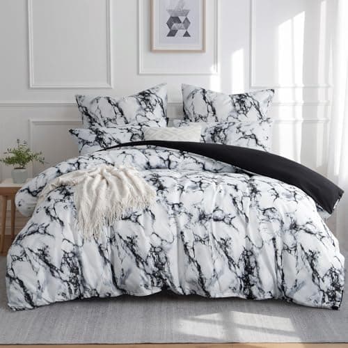 Image of Aisbo King Size Bedding Duvet Cover Sets - 3 Pieces Marble Bedding Set Black and White, Soft Brushed Microfiber Kingsize Bed Quilt Cover with 2 Pillowcase, 230x220 cm