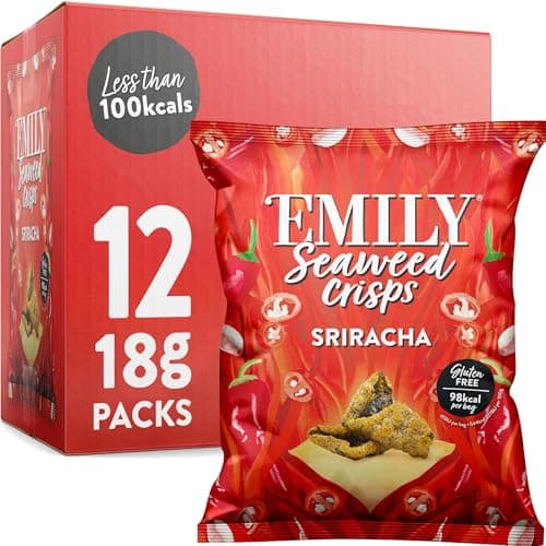 Image of EMILY Seaweed Crisps Sriracha Flavour | Healthy Nori Snack | Source of Iodine, High Fibre | Gluten-Free, Vegan Friendly | Perfect for Snacking & Parties | 12 x 18g Packs