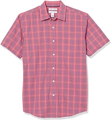 Image of Amazon Essentials Men's Regular-Fit Short-Sleeve Poplin Shirt, Washed Red Plaid, L