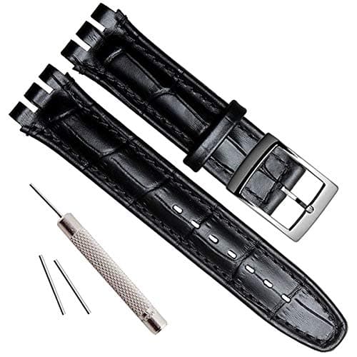 Image of OliBoPo Alligator Grain Cow Leather Stainless Steel Buckle Watch Band Strap for Swatch (17mm, Black)