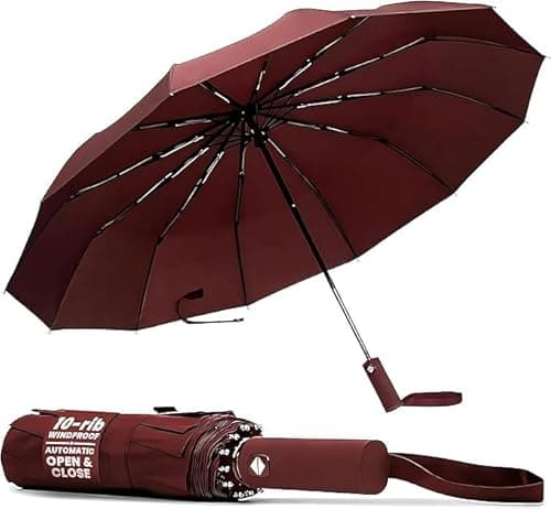 Image of TANNESS Windproof Umbrella – 10-Rib Waterproof & Compact with Automatic Open/Close Function and Ergonomic Handle – Folding Mini - Strong for Wind and Rain (Red)