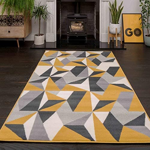 Image of Ochre Grey Geometric Modern Living Room Carpet Rug Kaleidoscope Slate Mustard Lounge Hallway Area Rugs 160cm x 230cm