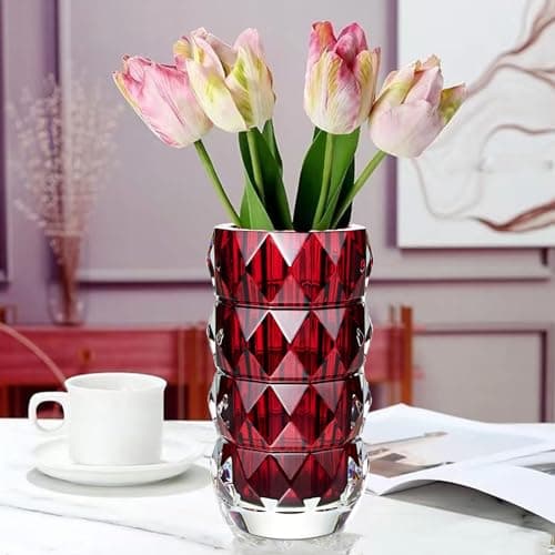 Image of Heavy Duty Modern Crystal Glass Flower Vase - Handmade Red Round Glass Vase Decor for Wedding Party, Office, Living Room, Bedroom, Dining Table