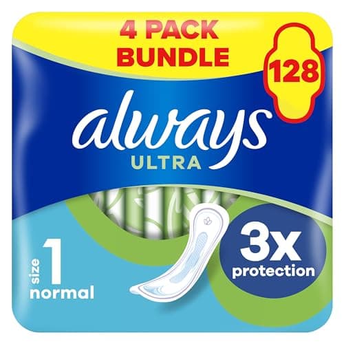 Image of Always Ultra Sanitary Towels/Pads with Wings, Normal Size 1, Ultra Thin, 128 Towels (32 x 4 Packs), Super Saving Box, Odour Neutraliser, Super Absorbent Core
