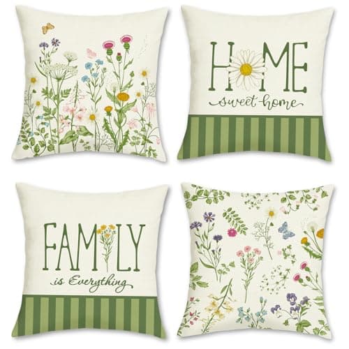 Image of Bonhause Spring Floral Cushion Covers 45 x 45 cm Flowers Leaves Green Stripes Decorative Throw Pillow Covers for Sofa Bed Home Garden Patio Garden Outdoor Decor Set of 4