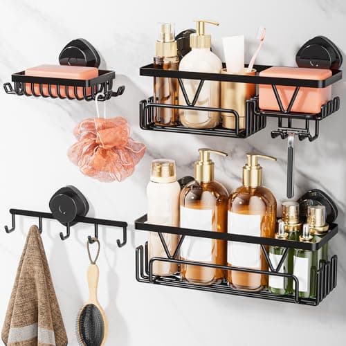 Image of KEGII Suction Cup Shower Caddy - 4-Piece Suction Cup Shower Organiser Set with 2 Bathroom Shelf, Soap Holder & Hooks, Black No Drill Storage for Bathroom, Kitchen, Laundry Room