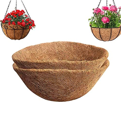 Image of YUNSTK 2 Pcs Hanging Basket Liners 14 inch, Round Planter Liner Coco Fiber Replacement Liner, Natural Coconut Fibres Trough Liners for Hanging Baskets at Indoor Outdoor Garden Porch and Balcony