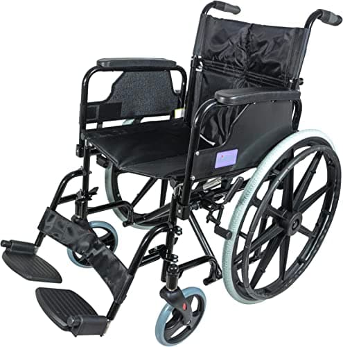 Image of Aidapt Folding Lightweight Self Propelled Steel Wheelchair with Brakes, Extra Wide Seat (18") Lap Strap, Removable Foot Rests and Side Panels for Privacy. Indoor and Outside Use