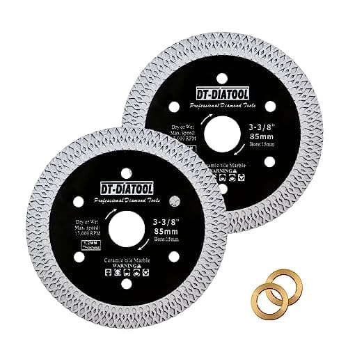 Image of DT-DIATOOL Diamond Tile Blade 3-3/8" (85mm) Cutting Porcelain Tile Ceramic Marble Granite Circular Saw Blade with X Mesh Segment Arbor 10mm-15mm Pack of 2